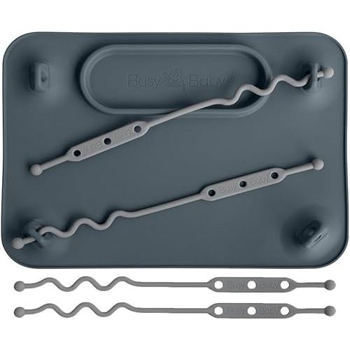 BUSY BABY Silicone Mat - New and Improved Suction Cups, 4 Straps to Secure Baby Essentials, Self Feeding, Baby Led Weaning, Travel Sleeve Included (Pewter)
