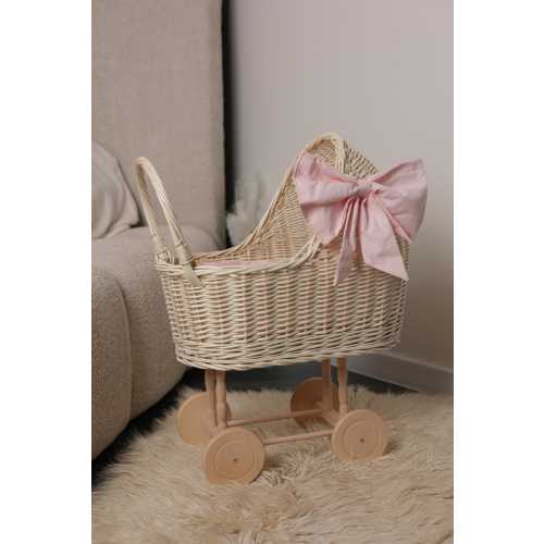 Handmade White Wicker Doll Pram, Baby Carriage with Pink Bow, Wicker Doll Stroller, Natural Toy Basket, Toddler Gift, Baby Shower Decor