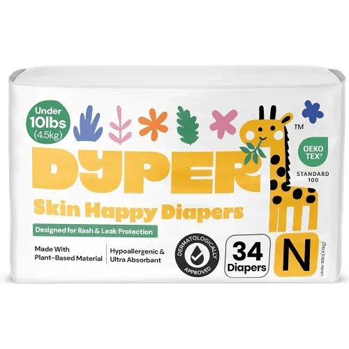 DYPER - Newborn Diapers Size 0 (34Count) - Plant Based Disposable Diapers for Day and Overnight Premium Leak Protection, Skin-Friendly Comfort with Soft Baby Diapers (>10 lbs)