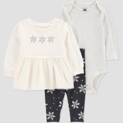 Carter's Just One You® Baby Girls' 3pc Snowflake Peplum Sweatshirt with Long Sleeve Bodysuit and Leggings Set - Cream 3M