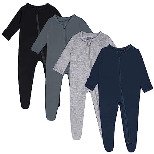 GUISBY Rayon Baby Footed Pajamas with Mitten Cuffs, 2 Way Zipper Long Sleeve Sleepers 4-pack