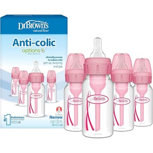 Dr. Brown's Anti-Colic Options+ Narrow Baby Bottle, Pink, 4 oz, 4-Pack