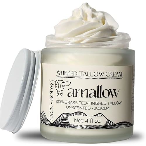 100% Grass Fed Beef Tallow for Skin Care - Face + Body - Whipped Moisturizer for Sensitive Skin - Natural Lotion, 4 FL. oz. (Unscented + Jojoba Oil)