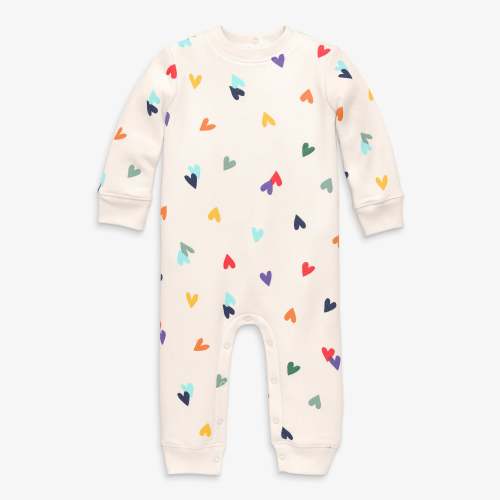 Baby cozy fleece sweatshirt romper in rainbow confetti hearts - Oat / confetti hearts / 3-6