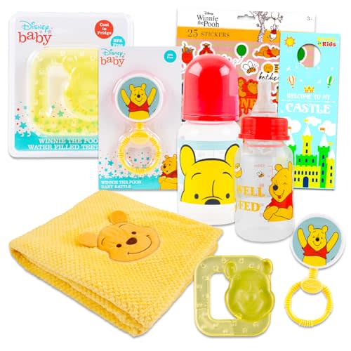 Disney Winnie The Pooh Baby Gift Set, Baby Shower Gifts Girls Neutral - 6 Pc Newborn Essentials Bundle with Blanket, Rattle, Bottle, Teether, Scrapbook Stickers, More