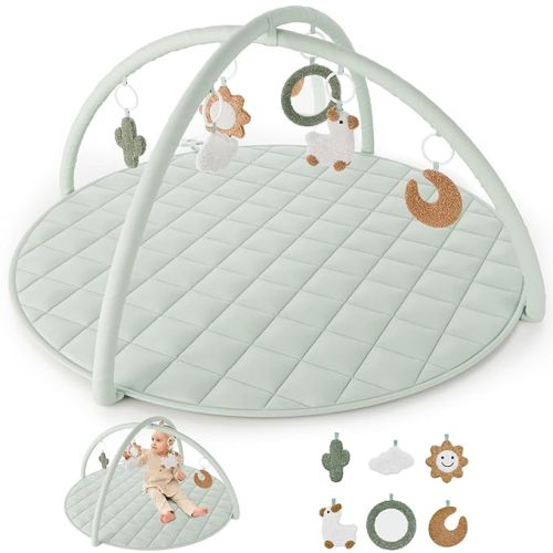 Beautiful Baby Play Gym and Tummy Time Mat - Soft Cotton Mat with 6 Cute Toys Creates The Perfect Activity Area for Your Girl/Boy - Stylish Infant Floor Playmat Fits Nicely with Any Playroom Decor - Sage Green