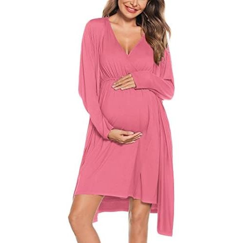 SWOMOG Women Maternity Nursing Gown and Robe Set 3 in 1 Labor Delivery Nursing Nightgown for Breastfeeding Hospital Bathrobe