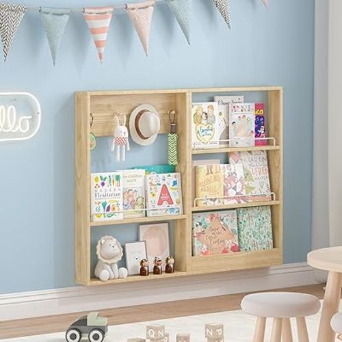 5-Tier Kids Bookshelf, Wall-Mounted Book Shelf with Adjustable Shelves & Hooks, Wooden Kids Bookshelf and Toy Storage, Space-Saving Behind Door Bookshelf for Kids' Rooms, Playroom, Nursery（Wood）