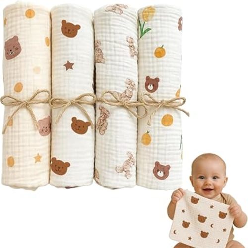 Jack & Jill & Baby Washcloths | 100% Cotton | Ultra-Soft Face Towels for Baby Boys and Girls | Bath Time and Burp Cloth Use | Baby Essentials | Absorbent Cloth Wipes | Pack of 4 (Bear Cuddle)