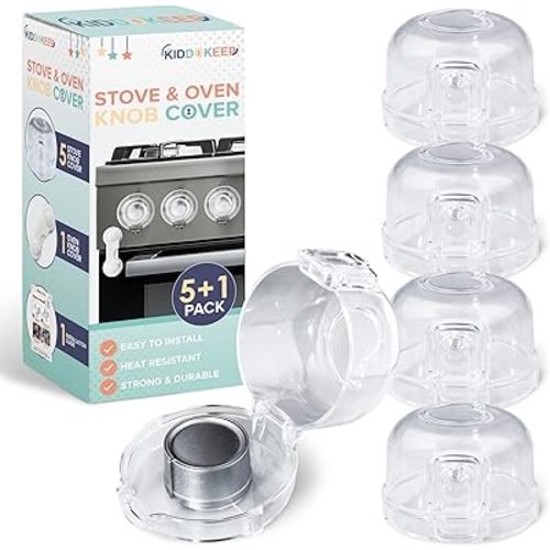 Child Proof Stove Knob Covers (Pack of 5) & Oven Lock - Double Key Design Standard Size 2.1"High x2.4"Wide Stove Knob Covers for Child Safety - Stove Knob Locks for Gas Or Electric Burners- Clear