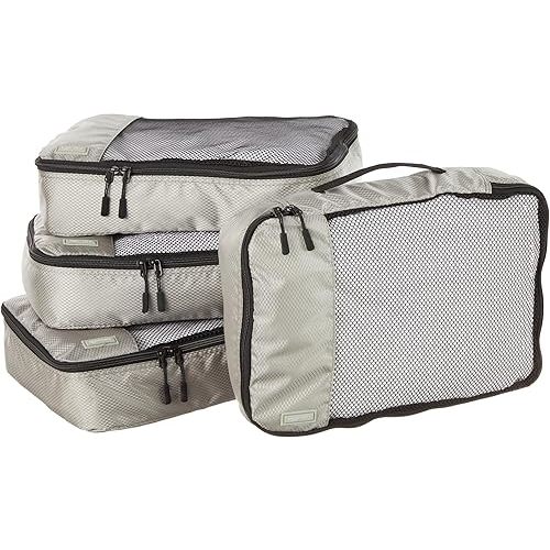 Amazon Basics Medium Packing Cubes for Travel, Packing Organizers, 4-Piece-Set With Double Zipper Pulls and Mesh Top Panel, 100% Durable Polyester, Gray, 13.8"L x 9.8"W x 3"H
