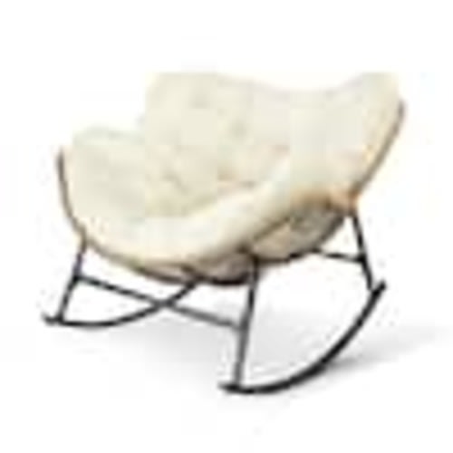 FINCATI Oversized Beige PE Wicker Outdoor Rocking Chair Papasan Chair with Beige Cushion HD-RC-BE-NRT-1036
