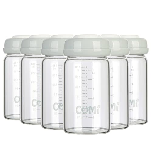 COMI Wide Neck Glass Breastmilk Collection n Storage Bottle, 6oz with Screw Ring Sealing Disk; Re-markable Sealing Disc. BPA Free, Fits Breast Pumps & Nipples (Gray Lids)