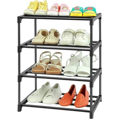 4-Tier Small Shoe Racks, Narrow Shoe Rack for 6-8 Pairs Shoe Storage,Kids Shoe Racks for Small Place,Lightweight Stackable Shoe Shelf Organizer for Closet,Black