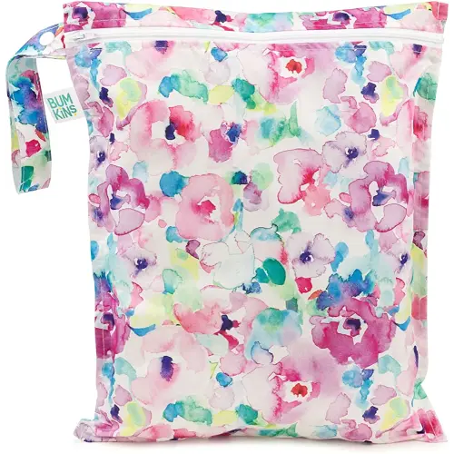 Bumkins Waterproof Wet Bag for Baby, Travel, Swim Suit, Cloth Diapers, Pump Parts, Pool, Beach, Gym Clothes, Toiletry, Hook to Stroller, Daycare, Zip Reusable Wetdry Packing Pouch, Watercolors Floral