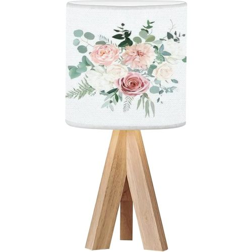 Tripod Bedside Desk Table Lamp Silver sage Green Blush Pink Flowers Design Bouquet Beige Dusty Rose Wood Nightstand Lamp with Linen Fabric Shade for Nursery Bedroom Living Room Kids Room