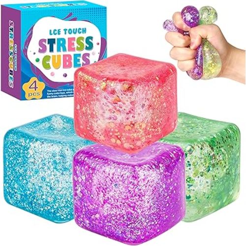 4PCS Stress Cube Glitter Sensory Fidget Toy, Stress & Anxiety Relief Ice Cube Sugar Squeeze Ball for Kids Adults, Slow Rising Squishy Toy, Ideal for Party Favors