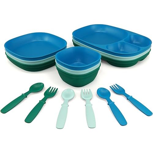 Kid’s Dinnerware Set - 15 Pieces - 3 Place Settings - Tough Tableware for Toddlers - Made in the USA - Dishwasher and Microwave Safe - BPA Free and Shatter Resistant (Ocean)