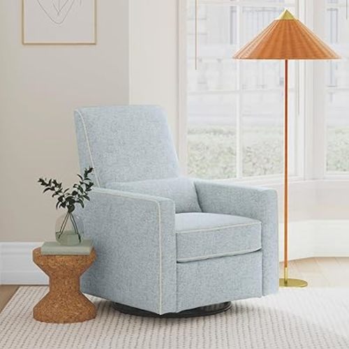 Davinci Piper Upholstered Recliner and Swivel Glider in Heathered Blue with Cream Piping, Greenguard Gold & CertiPUR-US Certified