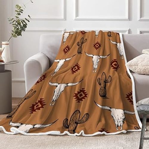 Western Boho Brown Throw Blanket, Bohemian Geometric Southwestern Bull Skull Warm and Cozy Fleece Throw Blanket for Bed, Couch, Native Aztec Tribal Cactus Farmhouse Travel Camping Blanket, 50X60in