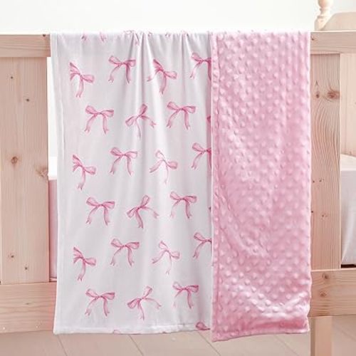 Pink Bow Baby Blanket for Girls 40 x 30 Inch Soft Swaddle Receiving Blanket with Dotted Backing Double Layer Preppy Nursery Decor for Infants Newborn Toddler Swaddle Baby Shower Supplies
