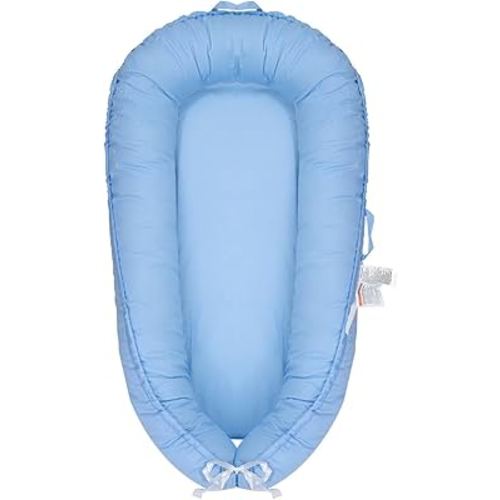 Baby Lounger, Newborn Lounger for 0-24 Months, 100% Cotton Soft Adjustable Baby Floor Seat for Travel, Co Sleeper for Girls Boys in Bed, Portable Baby Nest Lounger,Family Essentials(Blue)