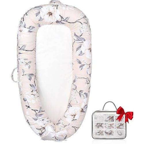 Baby Lounger,100% Soft Breathable, Portable Canvas Newborn Lounger Infant Floor Seat Cushion for Travel, Tummy Time, Newborn Must Have Essentials Baby Shower Registry Search(Flower)