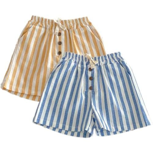 Ashmyova Classic Shorts for Boys Thin Cotton Stripe Elastics Waist Casual Summer Toddler Shorts Lightweight 2Pcs