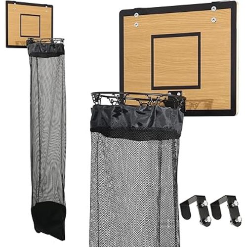 Over the Door Basketball Hoop Laundry Basket ,Wooden Basketball Laundry Hamper with Zipper for Kids Room,Dorm Rooms,Bathroom,Saving Space Storage and Organization