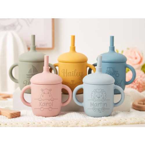 Custom Name Silicone Sippy Cup with Straw for Baby 6+ Months No Spill Personalized Engraved Toddler Training Cup Baby Gift Newborn Gift