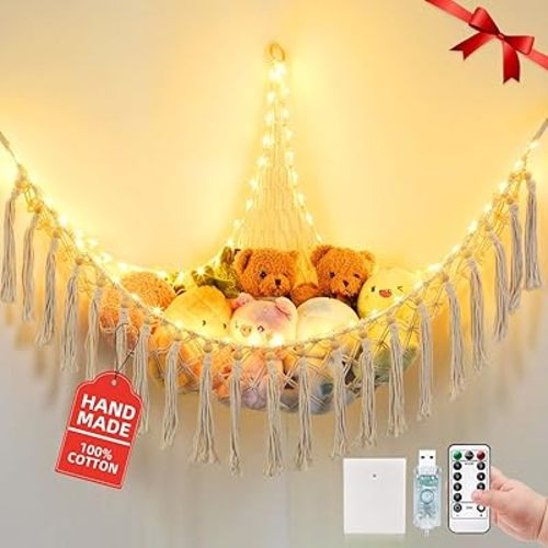 Stuffed Animal Hammock with 75LEDs, Extra Large 55in Toy Storage Macrame Hammock, Hanging Toy Net for Kids Bedroom Doll Room Corner Organizer, USB Plush Toy Hammock with Remote(XL)