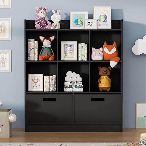 8 Cube Kids Bookshelf with Fabric Drawers, 3-Tier Wooden Open Shelf Bookcase, Freestanding Book Shelves, Kids Bookcase Cubby Storage Organizer for Bedroom, Living Room, Office, Black