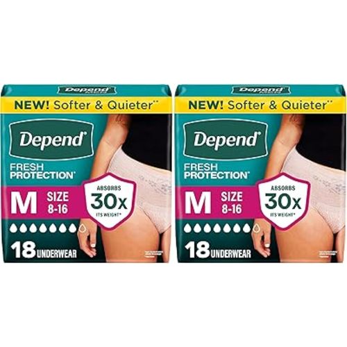 Depend Fresh Protection Adult Diapers, Incontinence & Postpartum Bladder Leak Underwear for Women, Disposable, Maximum, Medium, Blush, Packaging May Vary, 18 Count (Pack of 2)