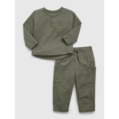 Baby First Favorites 100% Organic CloudCotton Cargo Outfit Set in mesculen green, size: 0-3 M