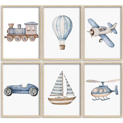 Vintage Baby Boy Nursery Wall Art Blue Transportation Car Airplane Painting Picture Wall Decor Toddler Vehicle Train Boat and Hot Air Balloon Poster Print Artwork for Kids Boys Room Bedroom Decorate