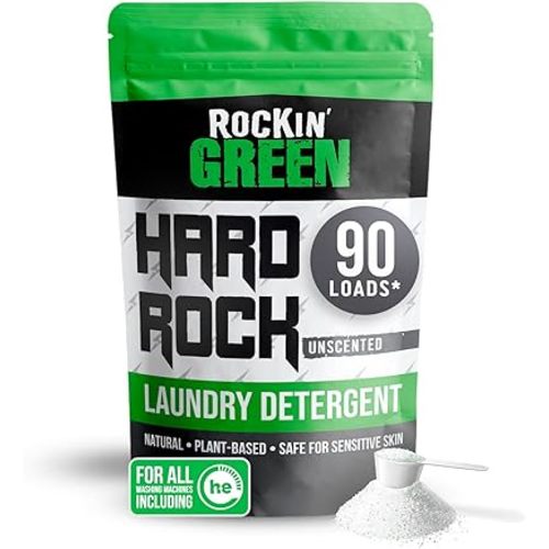 Rockin' Green Hard Rock Laundry Detergent for Hard Water (90 Loads), Plant based, Natural Laundry Detergent Powder, Biodegradable Odor Fighter, Safe for Sensitive Skin, 45 oz (Unscented)