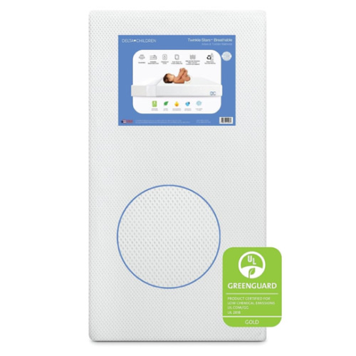 Delta Children Twinkle Stars Crib and Toddler Mattress with Breathable, Removable Machine-Washable Cover - GREENGUARD Gold - Waterproof Baby Bed - Sustainably Sourced Fiber Core - 52”Lx27.5”W, White