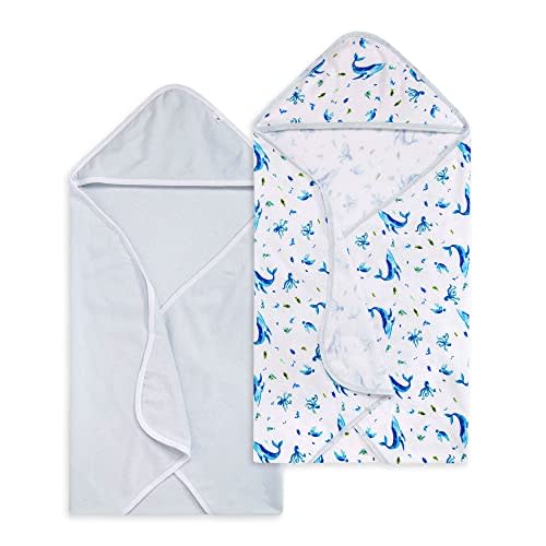 Burt's Bees Baby - Hooded Towels, Absorbent Knit Terry, Super Soft Single Ply, 100% Organic Cotton - Blue Whales - 2-Pack