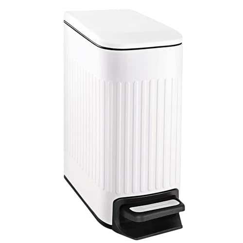 TIPGO Slim Bathroom Trash Can with Lid Soft Close, Step Pedal, 6 Liter / 1.6 Gallon Stainless Steel Trash Bin, Small Garbage Cans for Bedroom, Office, Kitchen (White)