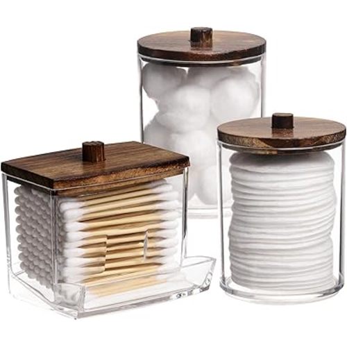 Tbestmax Qtips Holder Bathroom Container, 10/7 OZ Cotton Ball/Swabs Dispenser, Apothecary Jar Organizer for Storage Brown Wood Lids