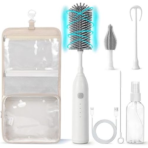 Electric Baby Bottle Brush Cleaner, 7-in-1 Portable Cleaning Set with Soap Dispenser & Travel Bag, 150-Min Runtime, Silicone Brush for Nipple/Straw/Formula Mixing, IPX6 Waterproof
