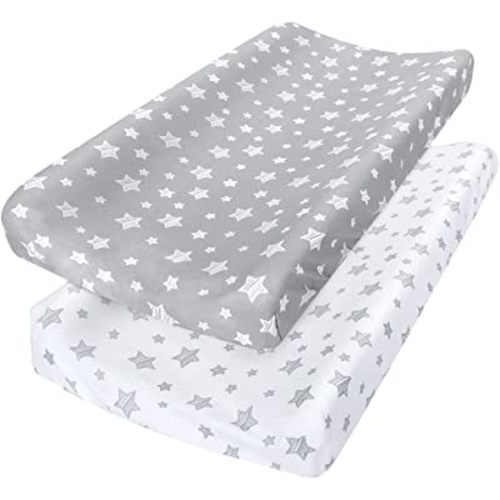 Changing Pad Cover for Boys Girls 2 Pack, Lovely Print Soft Unisex Diaper Change Table Sheets, Fit 32"x16" Contoured Pad, Comfy Cozy 2-Pack Cradle Sheets, Grey & White