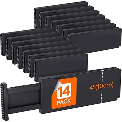 Lifewit 14 Pack Drawer Dividers 4" High, 11-17" Adjustable Drawer Organizers for Clothes, Expandable Dresser Separators in Bedroom/Bathroom/Kitchen/Fridge/Office Organization and Storage, Black