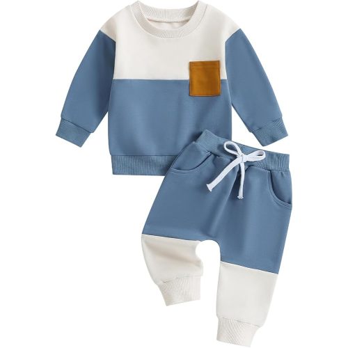 Kupretty Toddler Baby Boy Fall Winter Clothes Color Block Long Sleeve Sweatshirt Pullover Tops + Joggers Pants Outfit Set