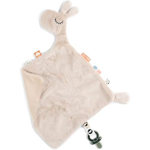 Done by Deer Lalee Sand Comfort Blanket - Soft and Cuddly Blend of Cotton and Polyester - Fun Tags and Textures - Velcro Clip for Pacifiers - Soothing Sand Color
