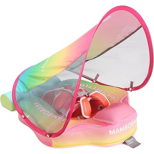 AnjeeIOT Mambobaby Float with Canopy Baby Float Non-Inflatable Baby Pool Float Solid Swimming Float Upgraded Add Tail Never Flip Over for Infant 3-24 Months, Rainbow Pink