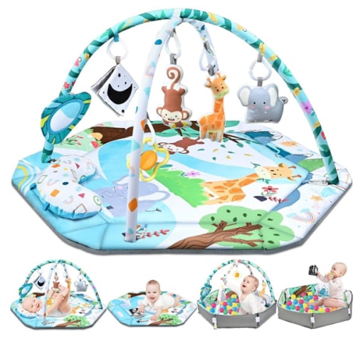 Baby Gym Play Mat, 8-in-1 Tummy Time Mat & Ball Pit with 6 Toys, Washable Baby Activity Play Mat for Visual, Hearing, Sensory, Motor Development, Baby Toys Gift for Toddler Infant 0-3-6-9-12 Months