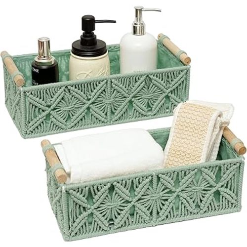 Macrame Boho Decor Baskets for Organizing Woven Decorative Basket for Countertop Toilet Paper Basket for Tank Top for Home Decor Bedroom Nursery Livingroom Entryway (Set of 2,Green)