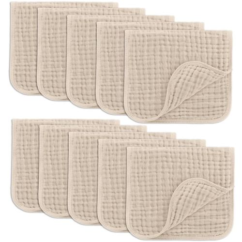 Comfy Cubs Muslin Burp Cloths 20" x 10", Pack of 10 - Large, 6-Layer, Ultra Absorbent 100% Cotton for Baby Drool and Messes - Soft, Safe & Gentle Baby Burp Cloths for Boys & Girls - Sand