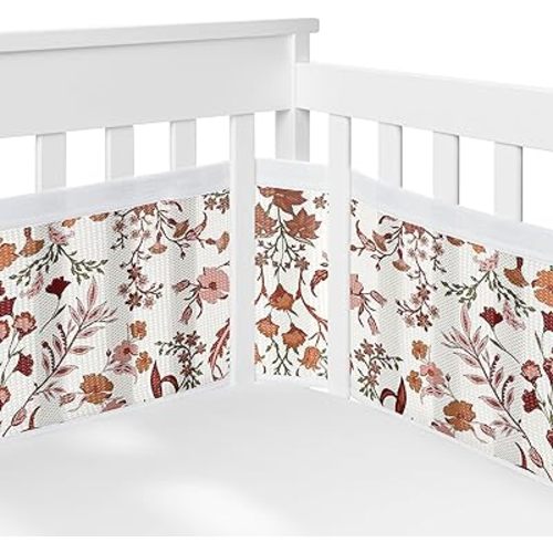 Sweet Jojo Designs + BreathableBaby Ivory Orange Boho Vintage Floral Girl Breathable Mesh Crib Liner Baby Infant Bohemian Wildflower Rust Botanical Flower Leaves Farmhouse Fringe Tassel